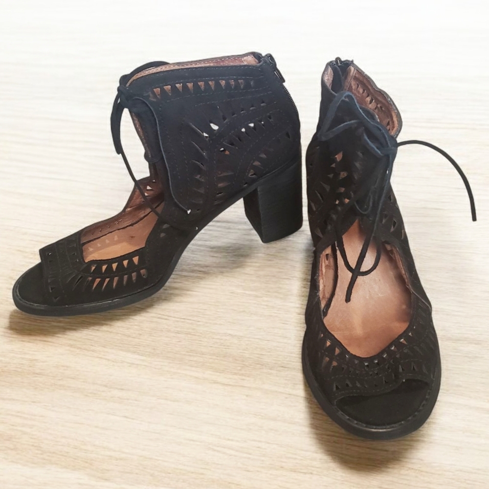 Jeffrey Campbell Sandals Womens 10 Cordillo Black Suede Open Toe Lace-up Heels - Picture 2 of 13